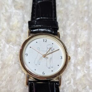 Gold-Tone Poodle Dial Watch with Black Leather Strap